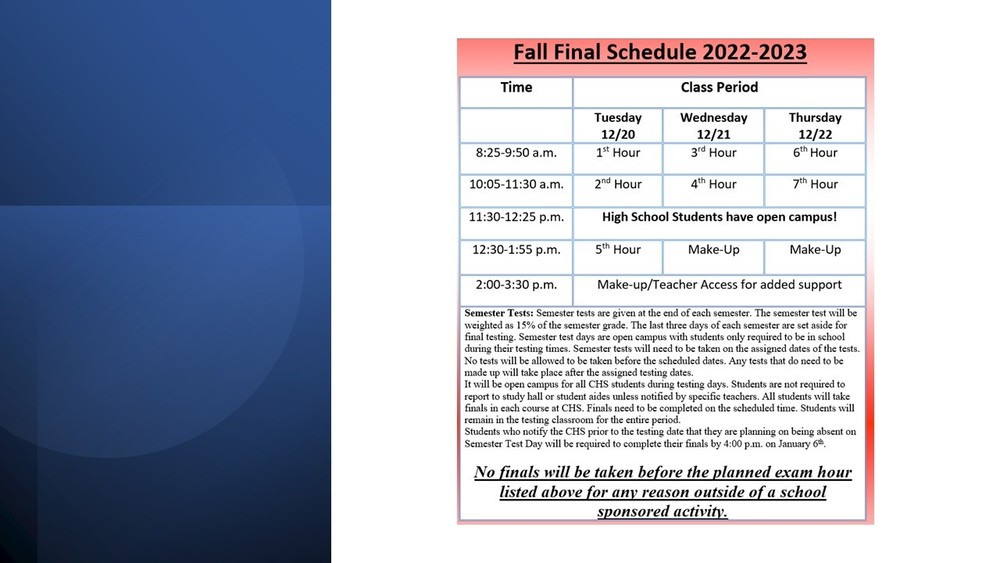 Fall Final Schedule 2022-2023 | Chamberlain Middle & High School