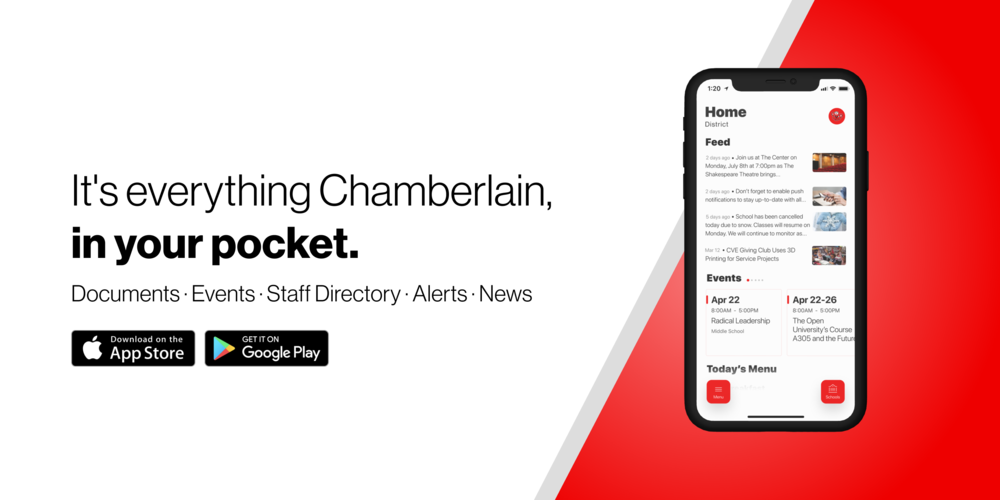 text: It's everything Chamberlain in your pocket. Documents, events, Staff Directory, Alerts, News. Image of phone open to app